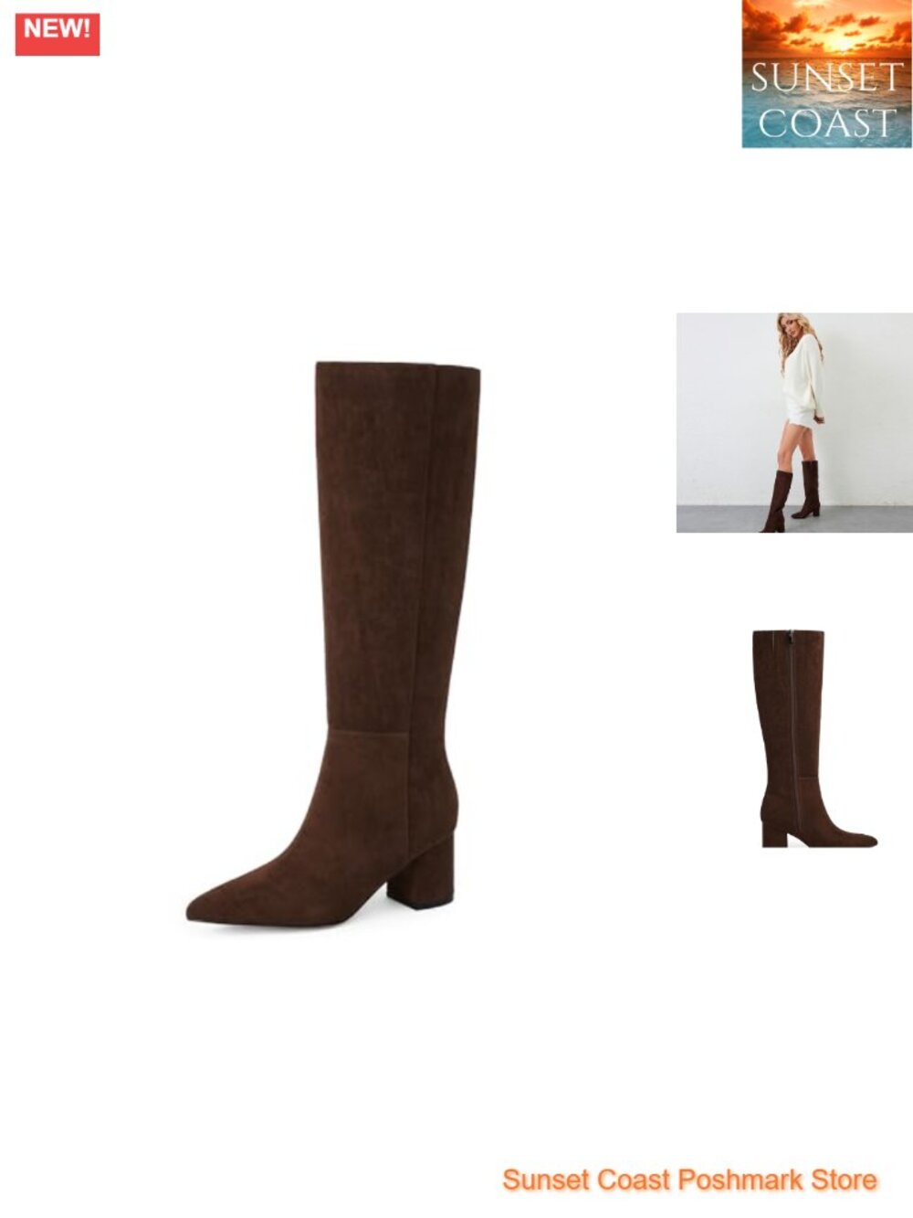 Faux Suede Knee High Boots Chunky Low Heel Pointed Toe Tall Long Boots
